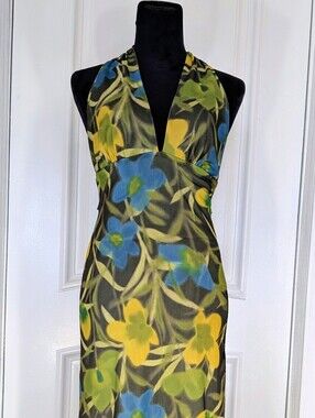 Vintage Brandenburg Halter Midi Summertime Dress in Yellow, Blue & Green Floral